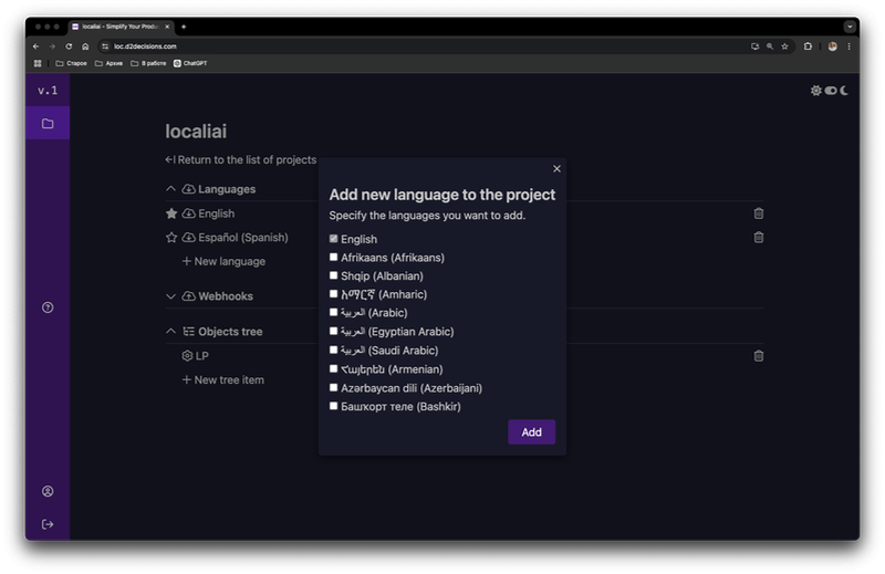Managing languages in localiai